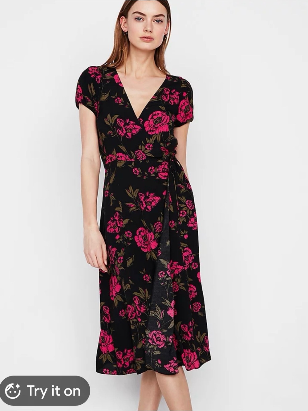 Express Women’s Floral faux Wrap Dress - Black with Fuchsia Roses